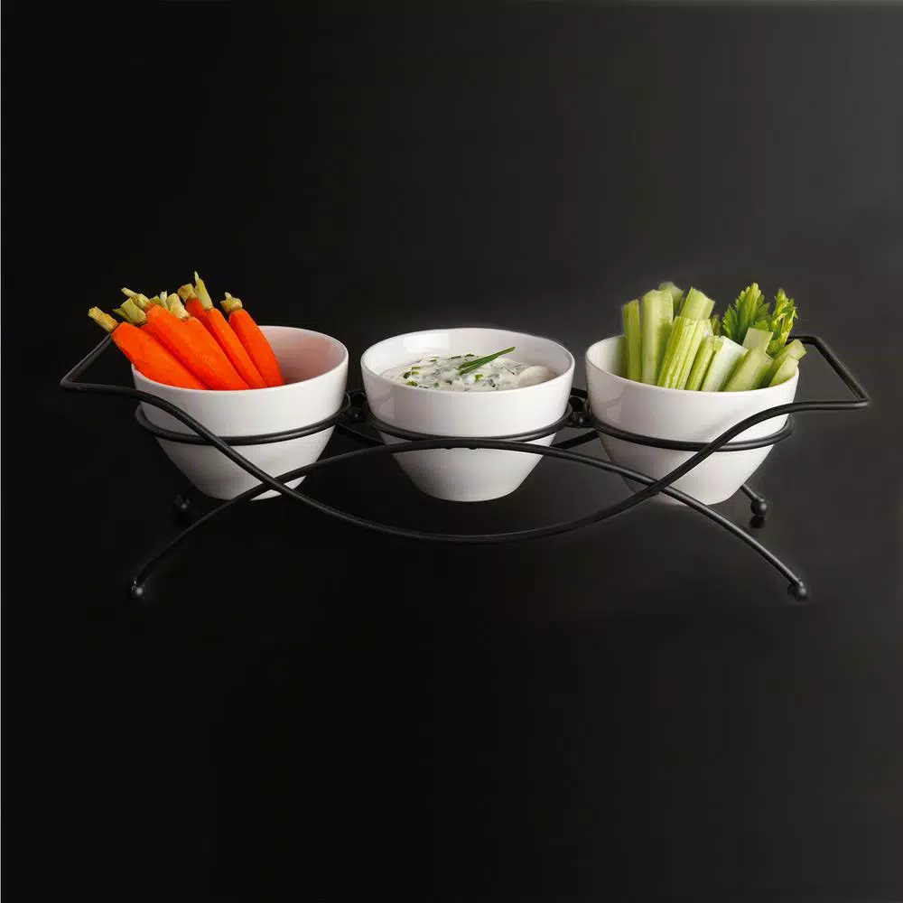 GIBSON elite Splendid Grace White Ceramic Divided Serving Set with Metal Rack (5-Piece)