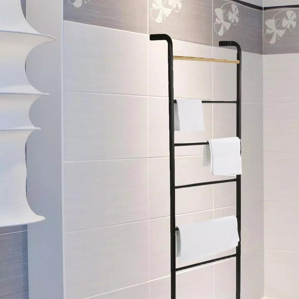 Mind Reader 6-Bar Freestanding Towel Rack, Black Metal Bathroom Towel Stand