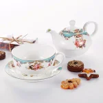 MALACASA Elegant Porcelain Tea Set for One - 3 Piece Teapot, Teacup and Saucer Set, White with Pattern thumbnail 4