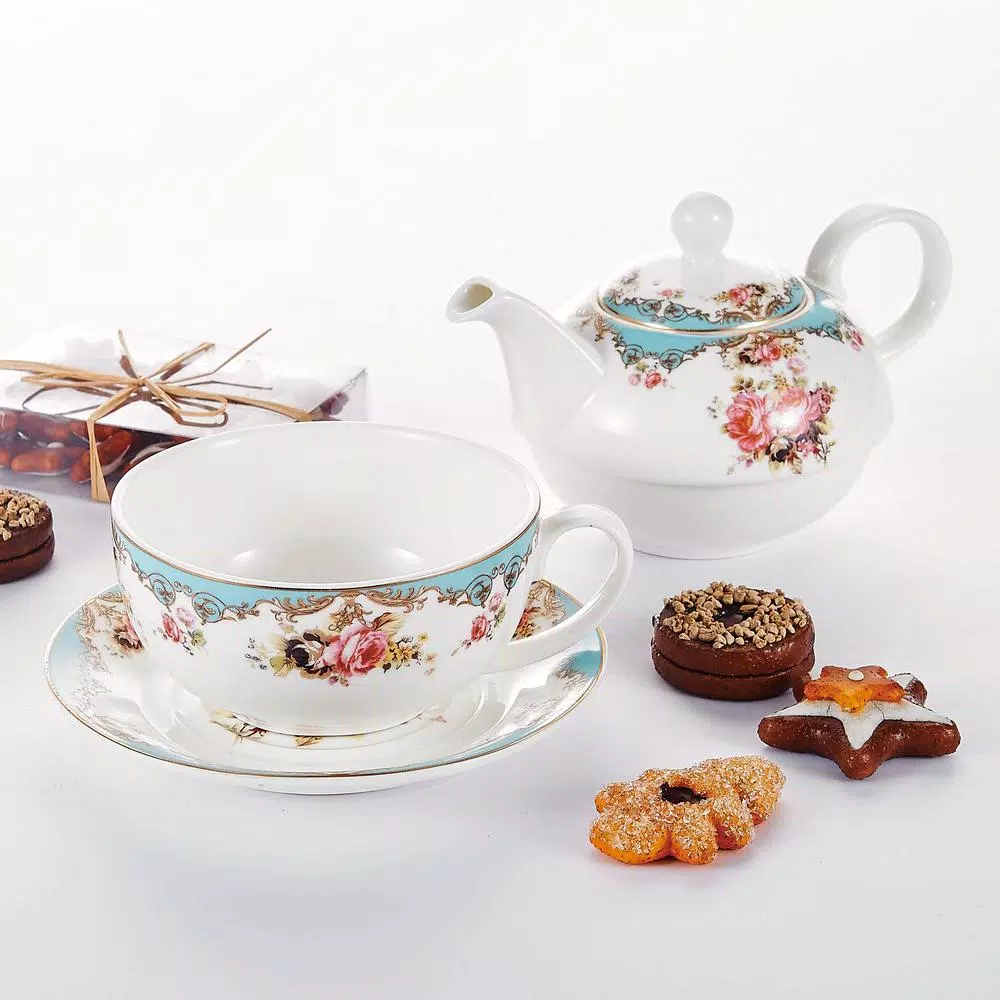 MALACASA Elegant Porcelain Tea Set for One - 3 Piece Teapot, Teacup and Saucer Set, White with Pattern
