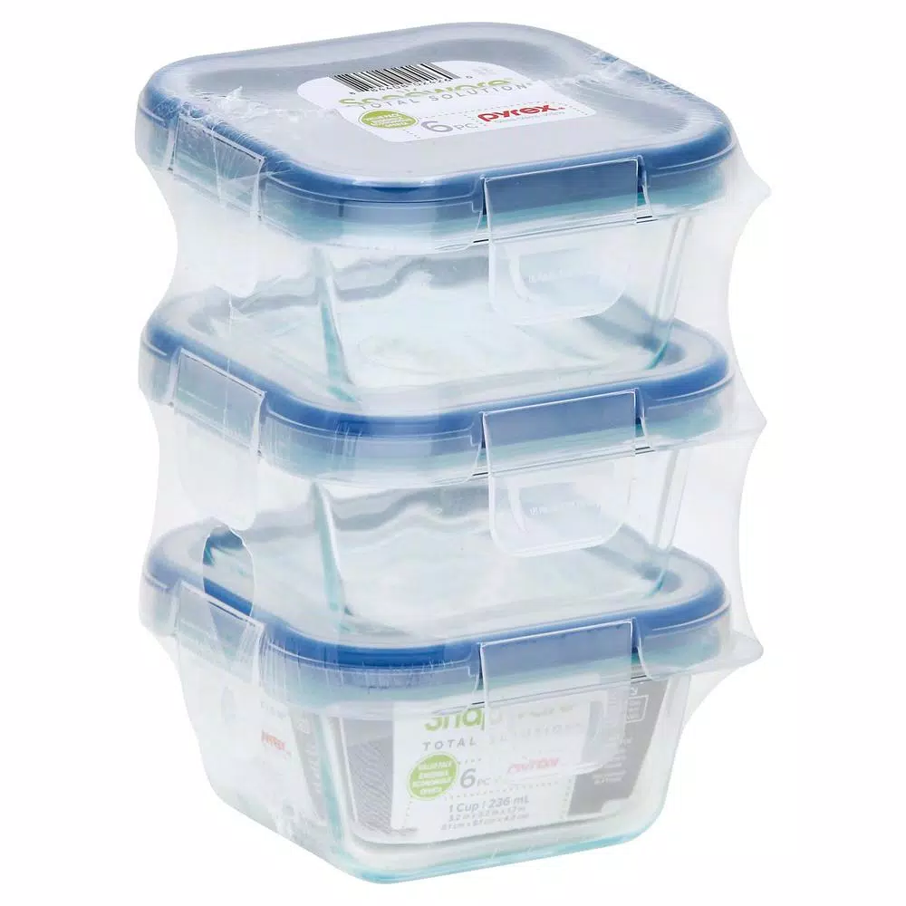 Snapware Total Solutions 1-Cup Glass Square Food Storage Container Set, 6-Piece (3 Containers with Lids)