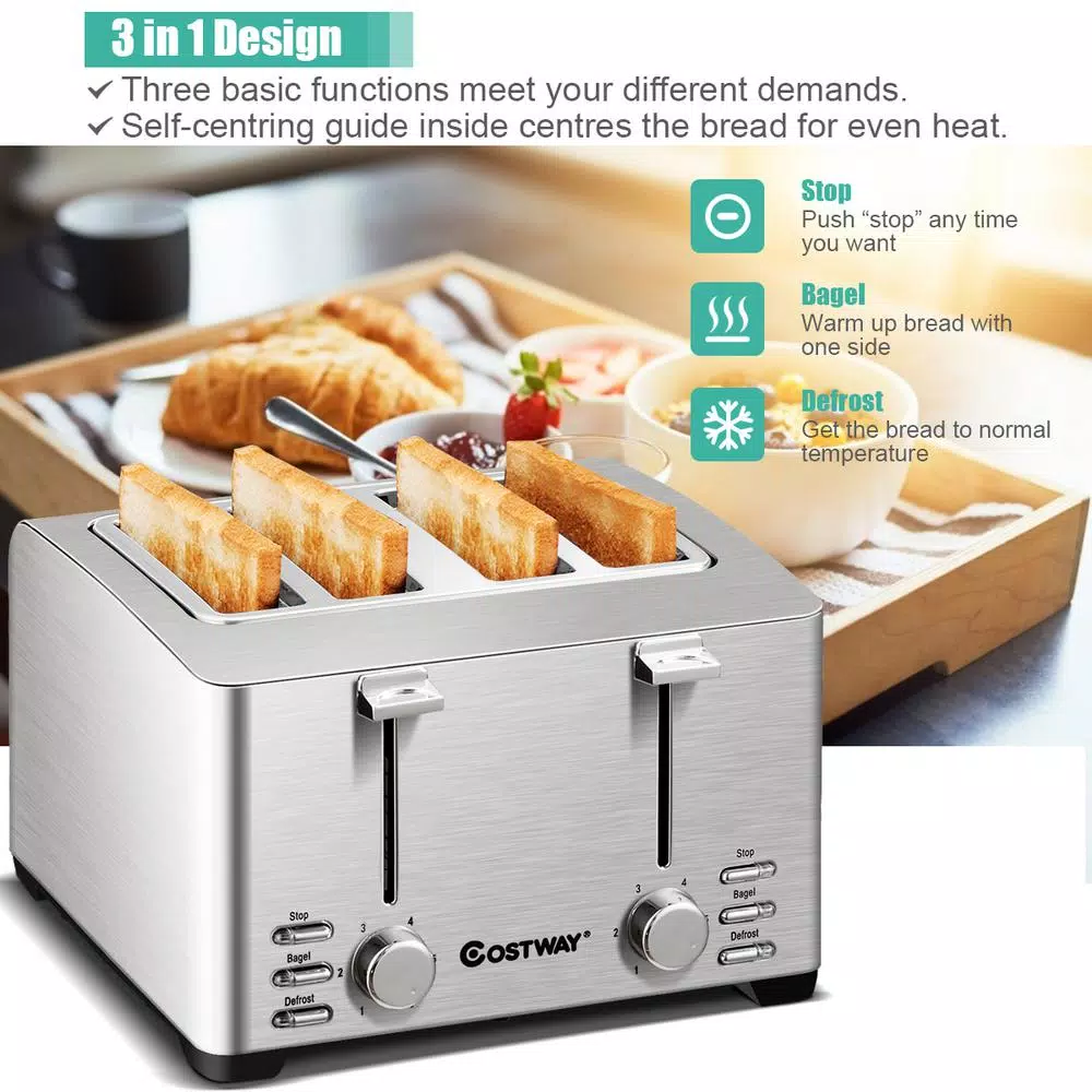 Costway 4-Slice Stainless Steel Extra-Wide Slot Toaster with Warming Rack and 6 Shade Settings