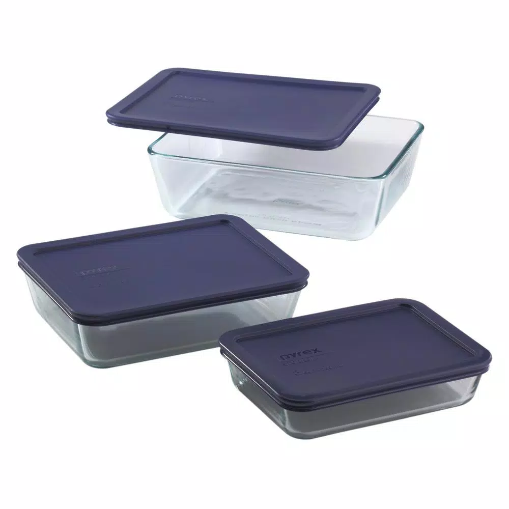 Pyrex 6-Piece Rectangle Glass Food Storage Set with Blue Lids