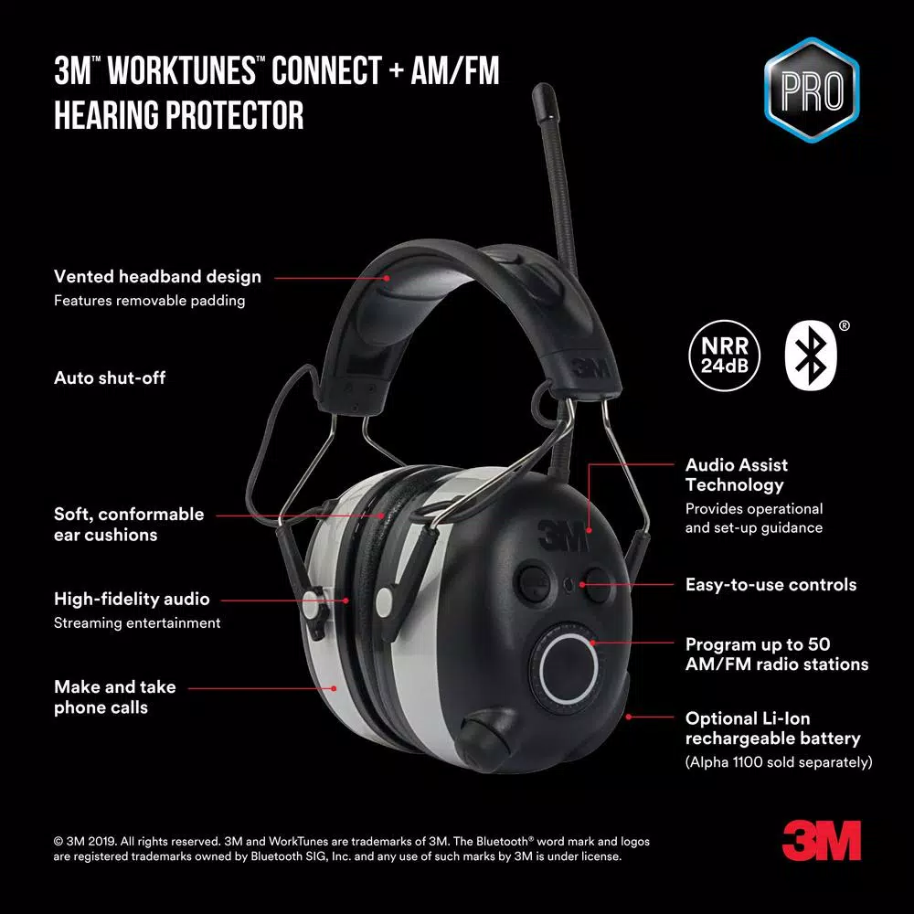 3M WorkTunes Wireless Bluetooth Hearing Protector with AM/FM Radio, Gray