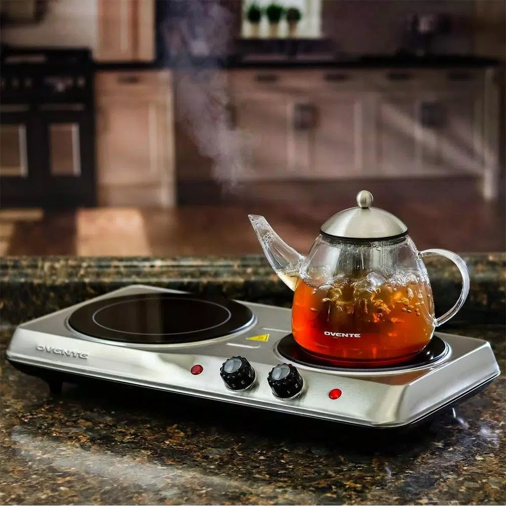 Ovente 1700W Double Electric Hot Plate, Infrared Glass Cooktop with 2 Burners, Silver