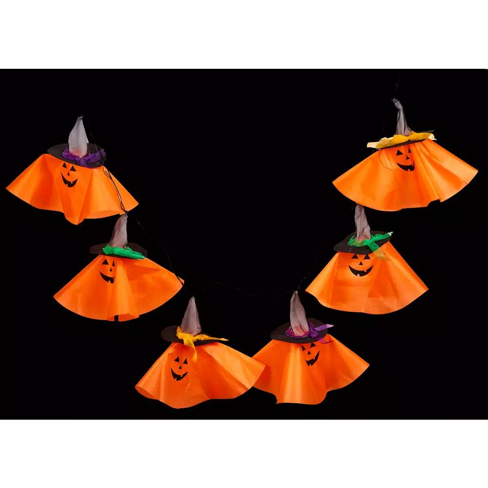 Worth Imports 71 in. 6-Light Halloween Pumpkin Garland with Flashing LED Witch Hats