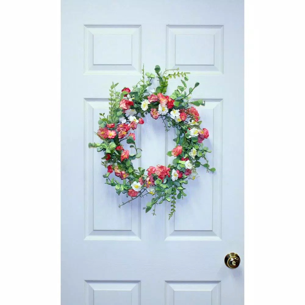 Worth Imports 22 in. Pastel Flower Silk Wreath - Peach, Cream and Coral Spring Decor