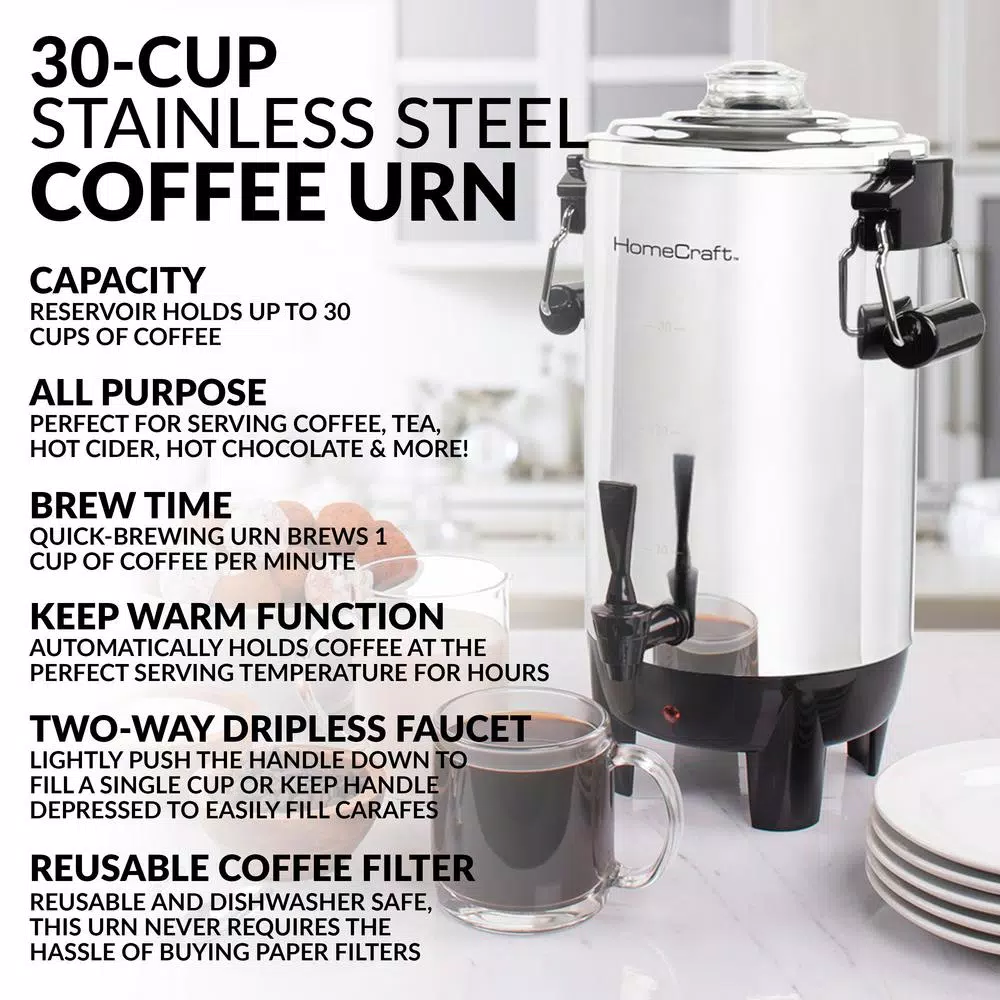 HomeCraft 30-Cup Stainless Steel Electric Coffee Urn with Reusable Filter