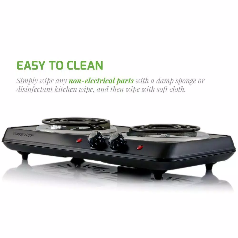 Ovente BGC102B Electric Double Coil Hot Plate Burner, 1700W, Black