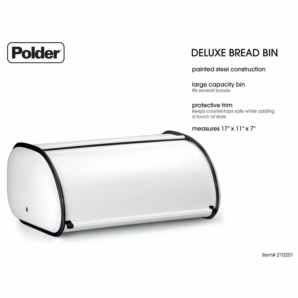 Polder Deluxe Bread Bin, White Painted Steel Bread Box for Kitchen Countertop