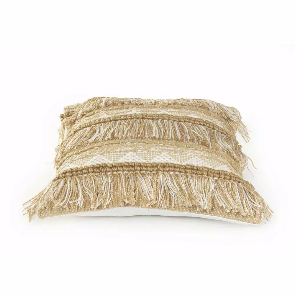 LR Home Beige and White Neutral Fringed Throw Pillow, 20 x 20 in., Geometric Embroidery
