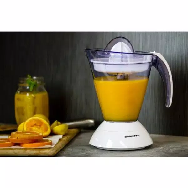 Ovente 25W Electric Citrus Juicer, 34 oz. Capacity, Auto-Reversing Cones, White