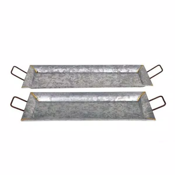 Benzara Silver Galvanized Metal Decorative Trays, Set of 2, Rectangular with Fluted Edges