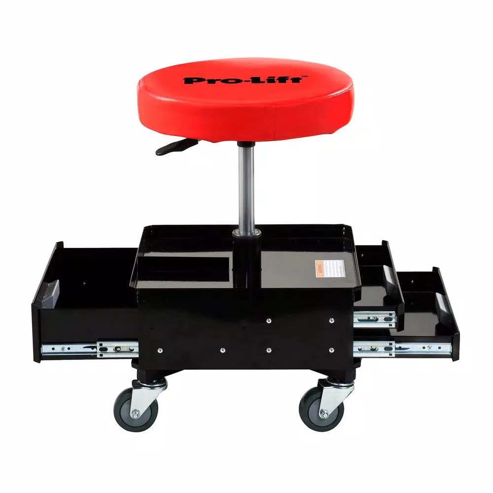 Pro-Lift Red Pneumatic Rolling Work Seat with Dual Tool Trays and Heavy Duty Casters