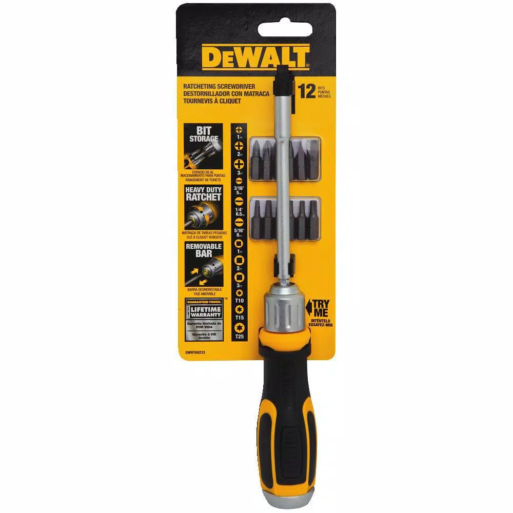 DEWALT Heavy-Duty Ratcheting Screwdriver with Removable Bar and 12 Bits