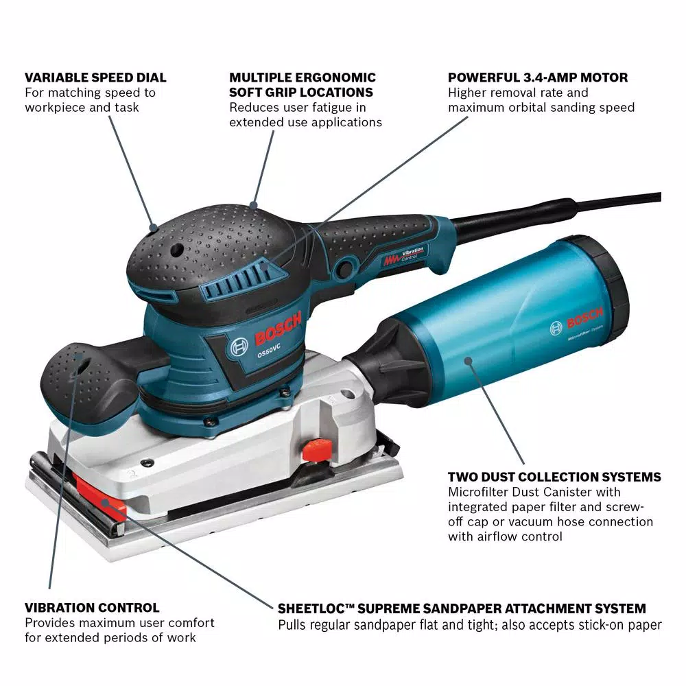 Bosch OS50VC 3.4 Amp Corded Electric Finishing Orbital Sander Kit with Vibration Control