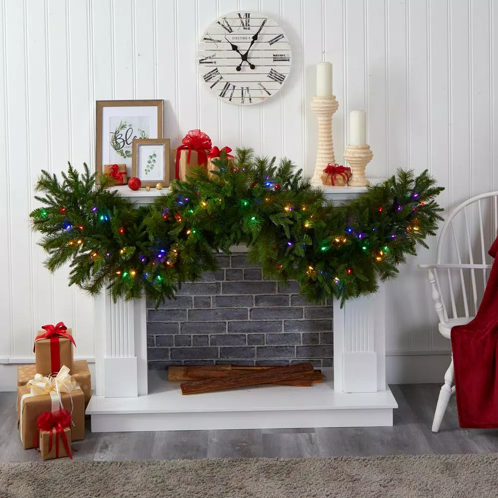 Nearly Natural 6 ft. Pre-Lit Christmas Pine Extra Wide Artificial Garland with 100 Multi-Colored LED Lights
