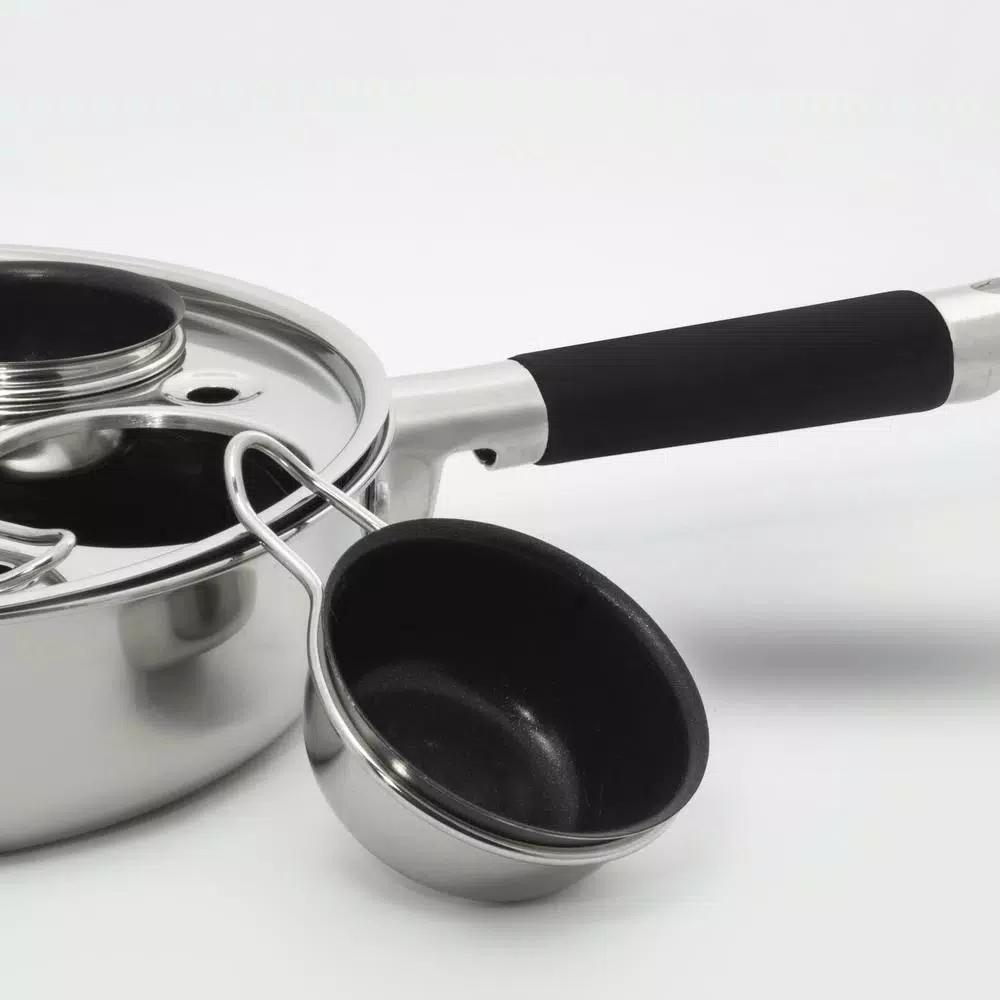 ExcelSteel 4-Cup 18/10 Stainless Steel Egg Poacher with Silicone Grip and Tempered Glass Lid