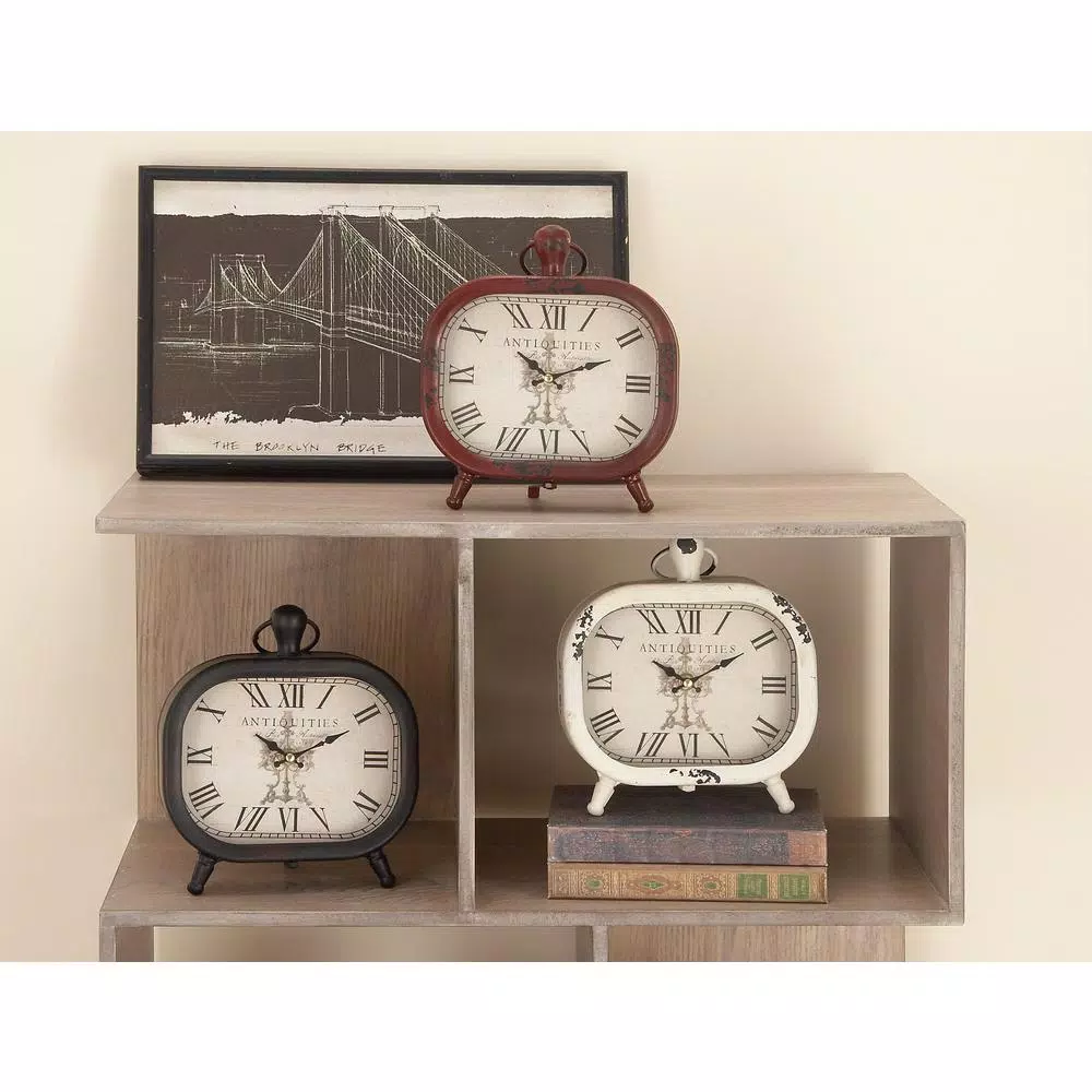 LITTON LANE Set of 3 Vintage Farmhouse Rounded Rectangle Iron Table Clocks - Distressed Red, Black, and White