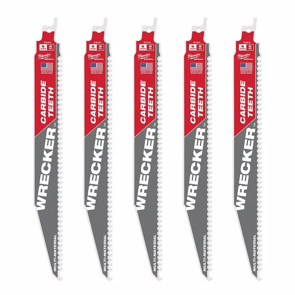 Milwaukee WRECKER 9 in. 6 TPI Carbide Teeth Multi-Material Reciprocating Saw Blade (5-Pack)