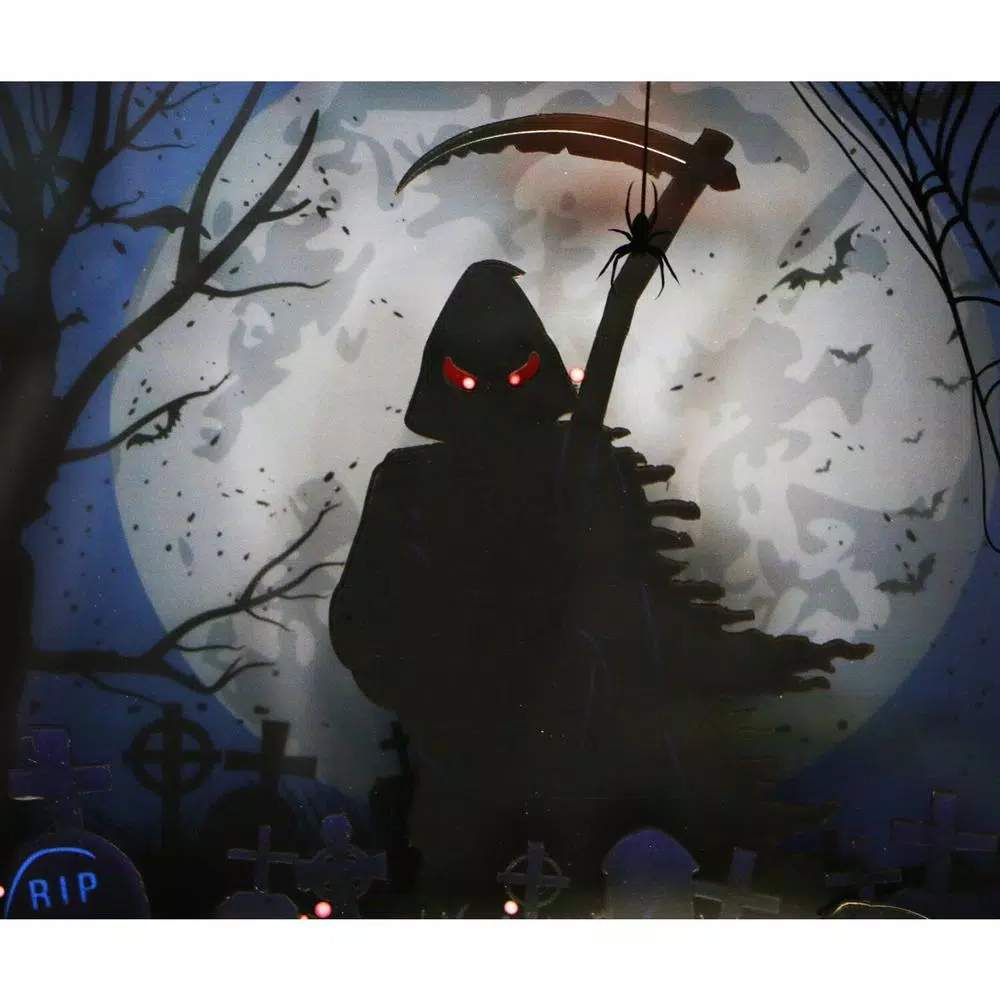 Haunted Hill Farm 18 in. Animated Grim Reaper Shadowbox with Spooky Music and LED Lights