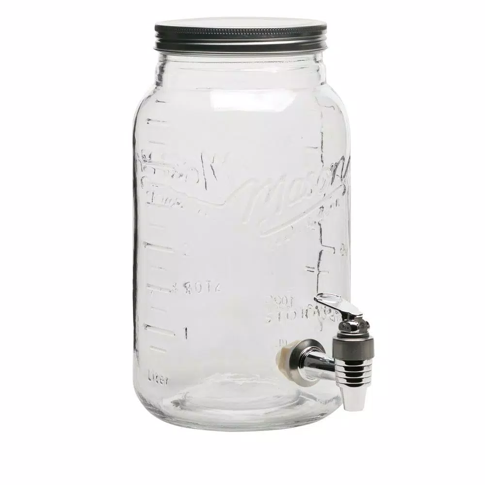 MASON CRAFT & MORE 5-Piece Clear Glass Drink Dispenser Set with 4L Dispenser and 4 Mugs with Metal Lids