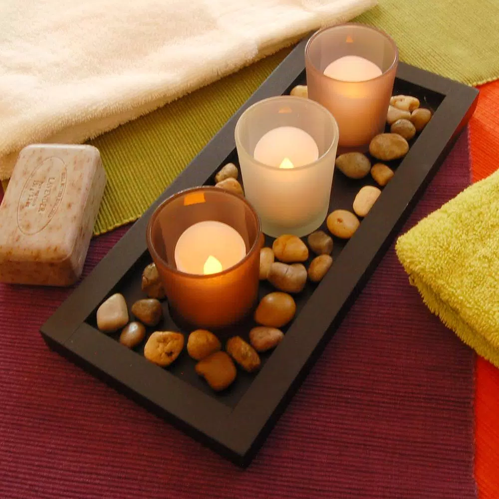 LUMABASE Pebble Candle Tray Set with 3 Frosted Glass Votive Holders and Smooth Pebbles - Black Wood
