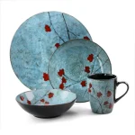 Elama Floral Accents 16-Piece Blue Stoneware Dinnerware Set, Service for 4 thumbnail 3
