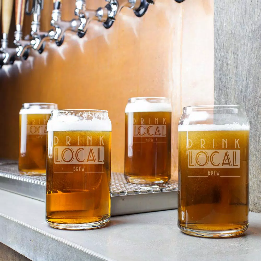 Cathy's Concepts Drink Local 16 oz. Craft Beer Can Glasses - Set of 4 Hand-Blown Glassware