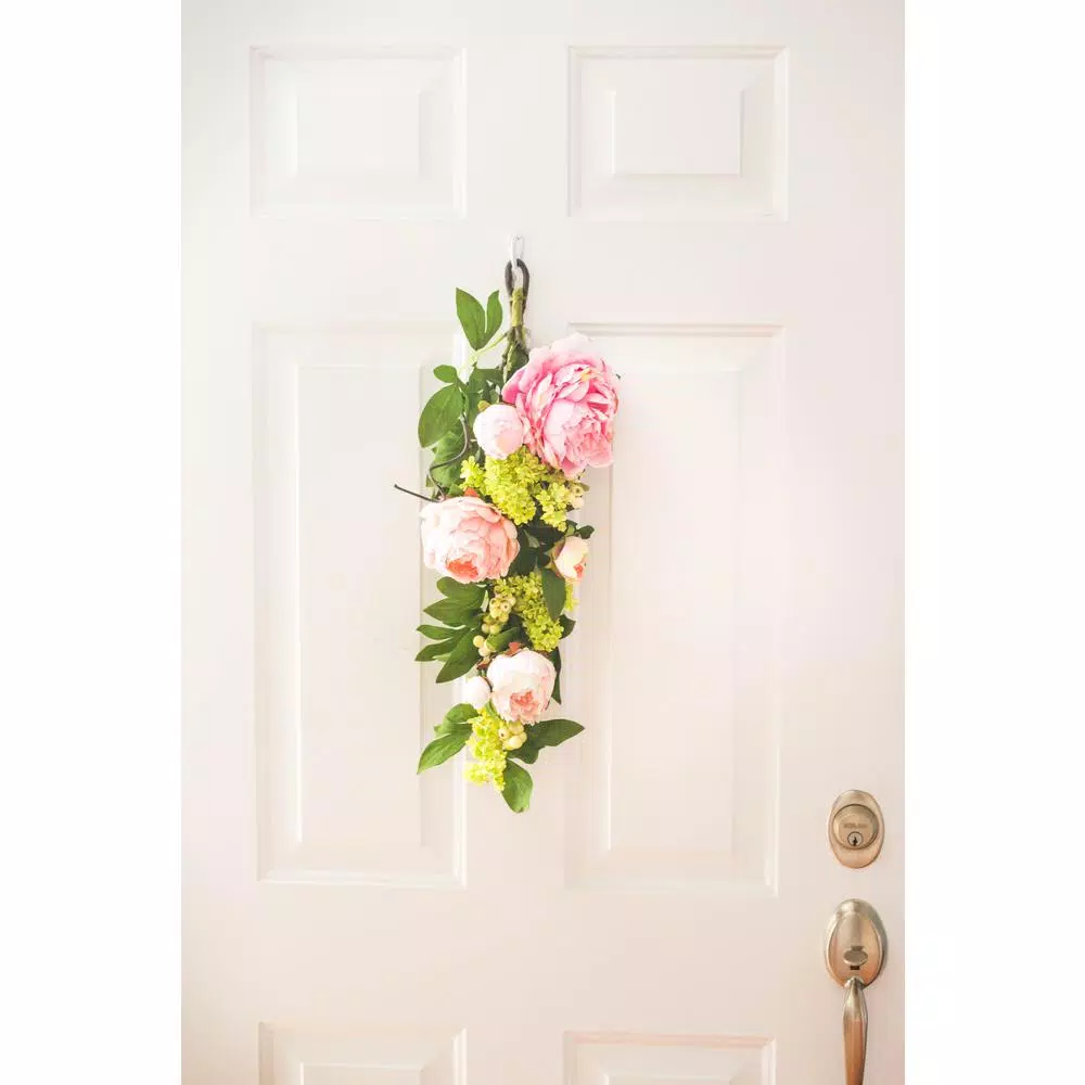 Nearly Natural 24 in. Mixed Pink Peony and Hydrangea Teardrop Floral Swag Wreath