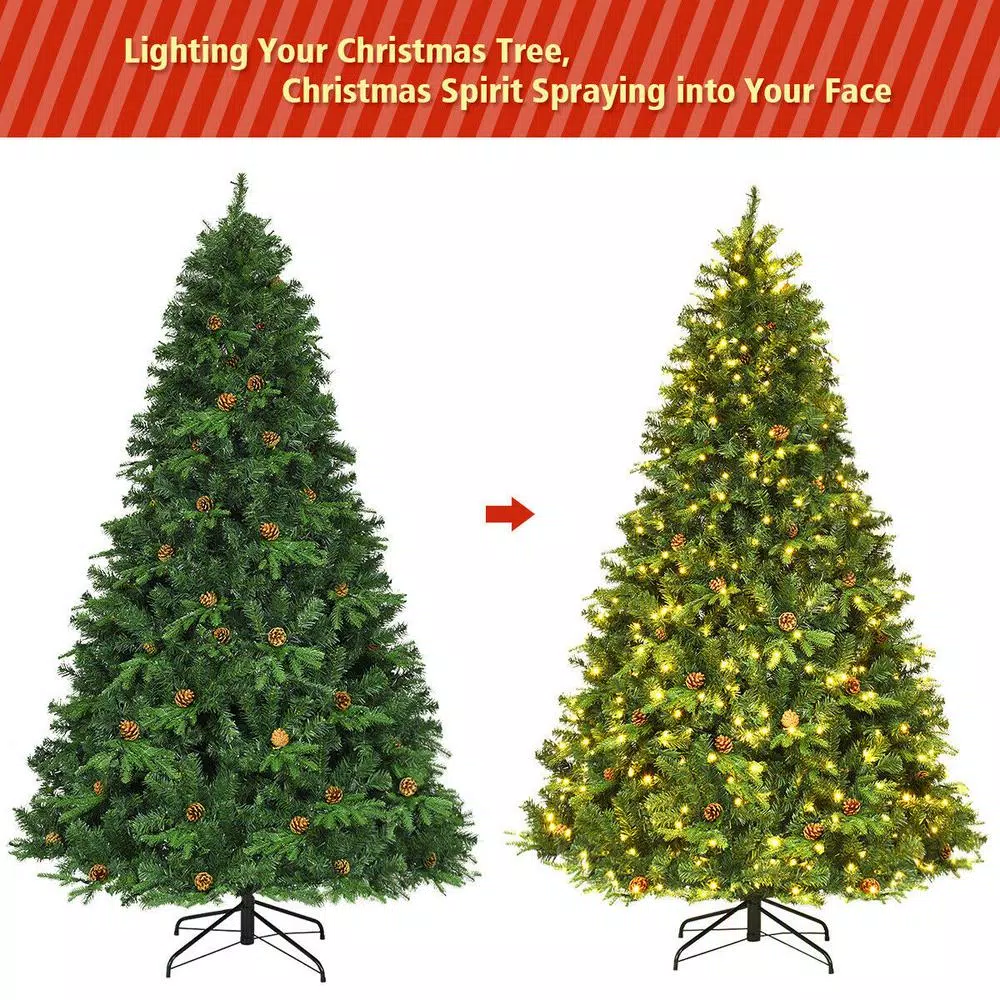 Costway 7.5 ft. Pre-Lit Artificial Christmas Tree with 540 Warm White LED Lights and 71 Pine Cones