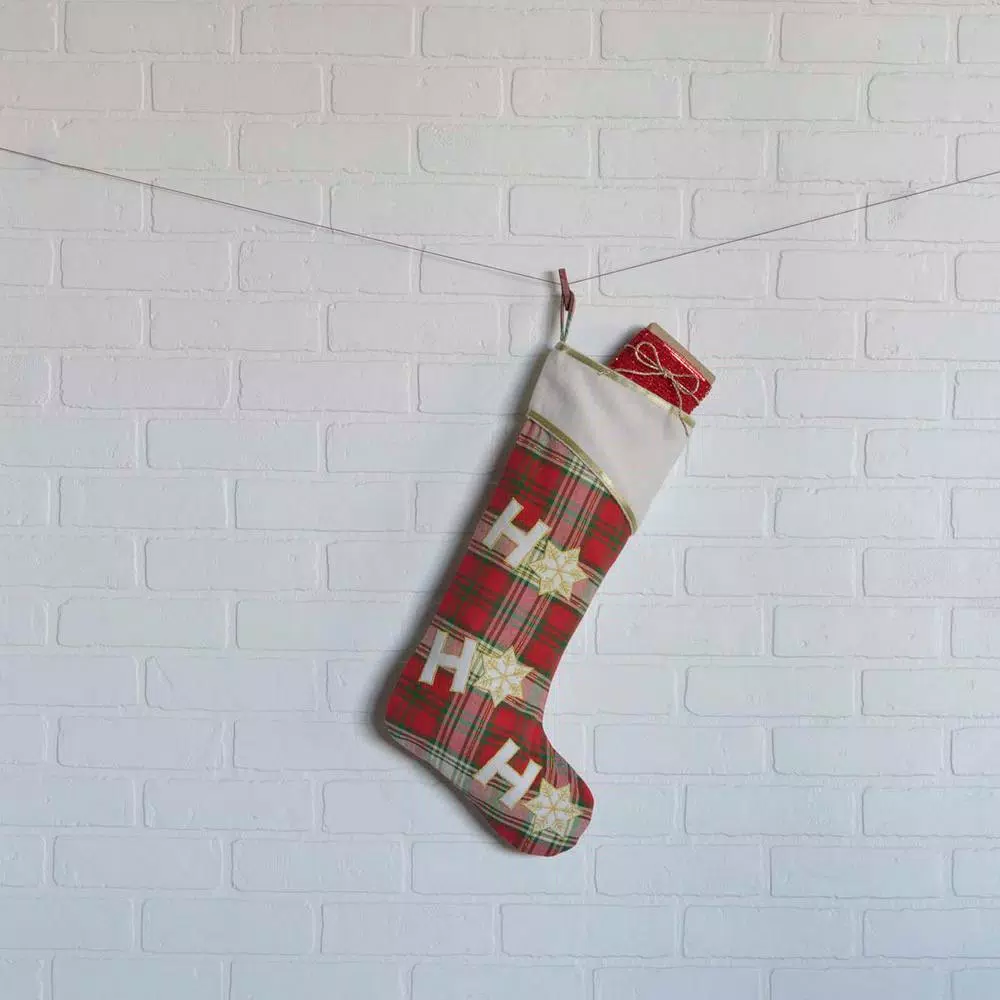 VHC Brands 20 in. Plaid Cotton and Felt Christmas Stocking - Cherry Red, Forest Green & Creme