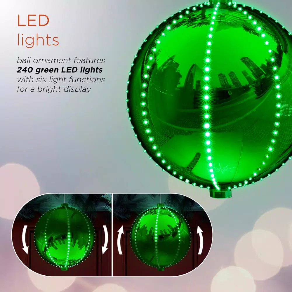 Alpine Corporation 13 in. Green Hanging Christmas Ball Ornament with 240 Chasing LED Lights
