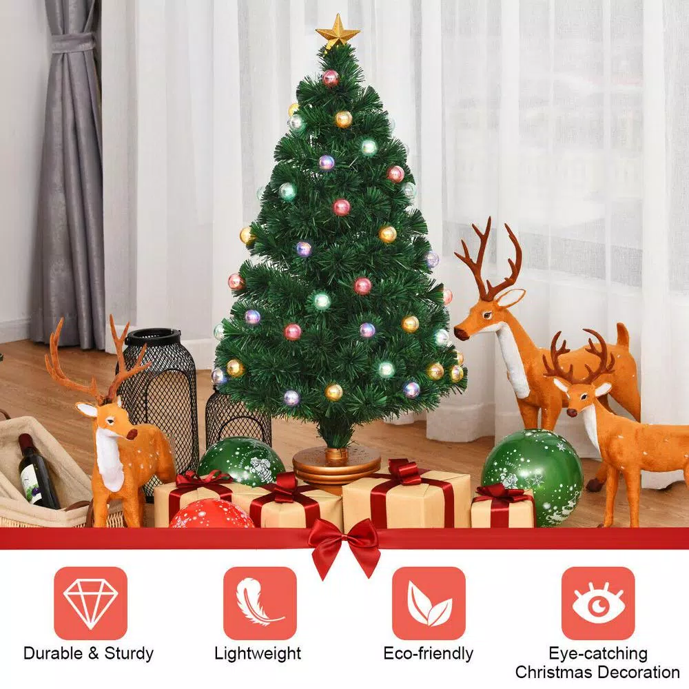 Costway 4 ft. Fiber Optic Pre-Lit Christmas Tree with Multi-Color LED Lights, Ornaments, and Gold Star
