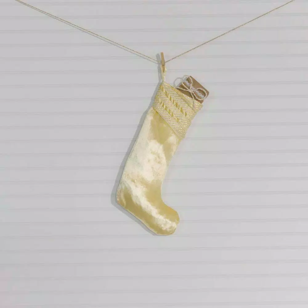 VHC Brands 20 in. Creme Memories Glam Christmas Stocking with Gold and Ivory Ribbon Embellishments