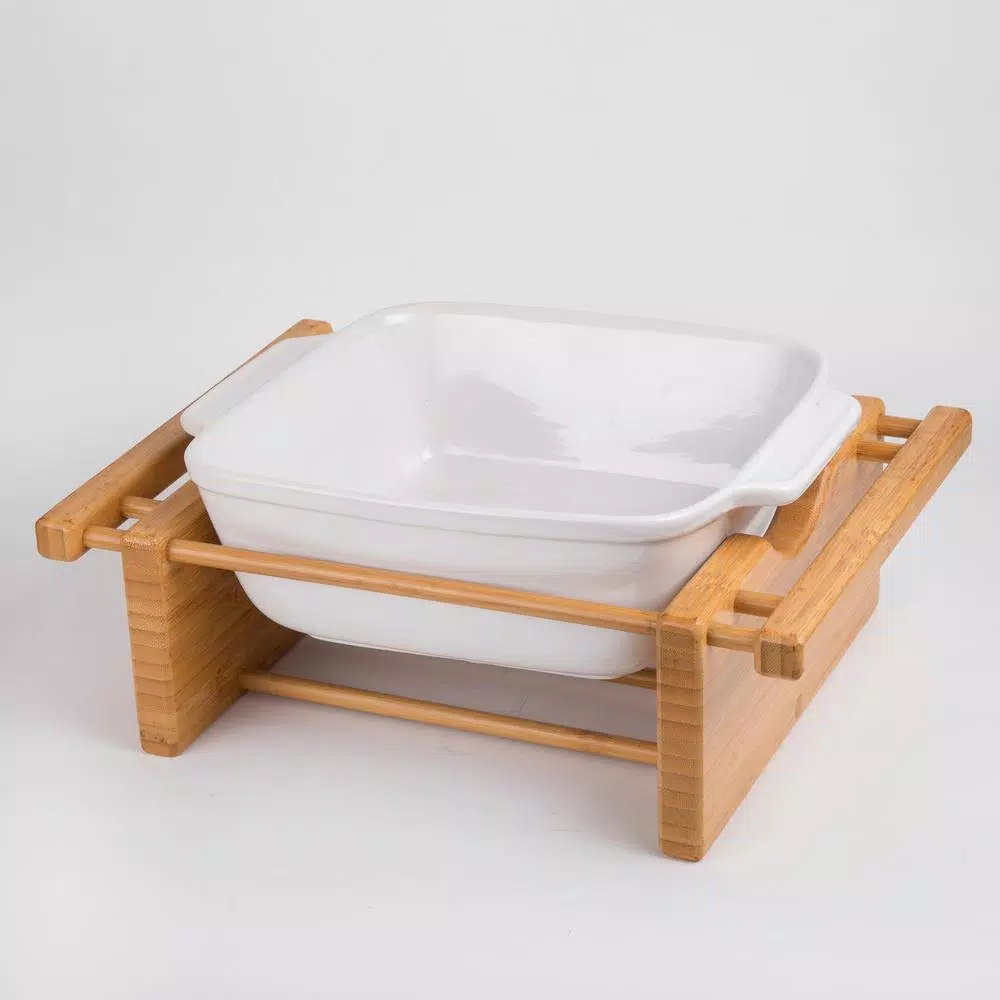 Creative Home Grand Buffet 9 in. Square Stoneware Casserole Dish with Bamboo Cradle