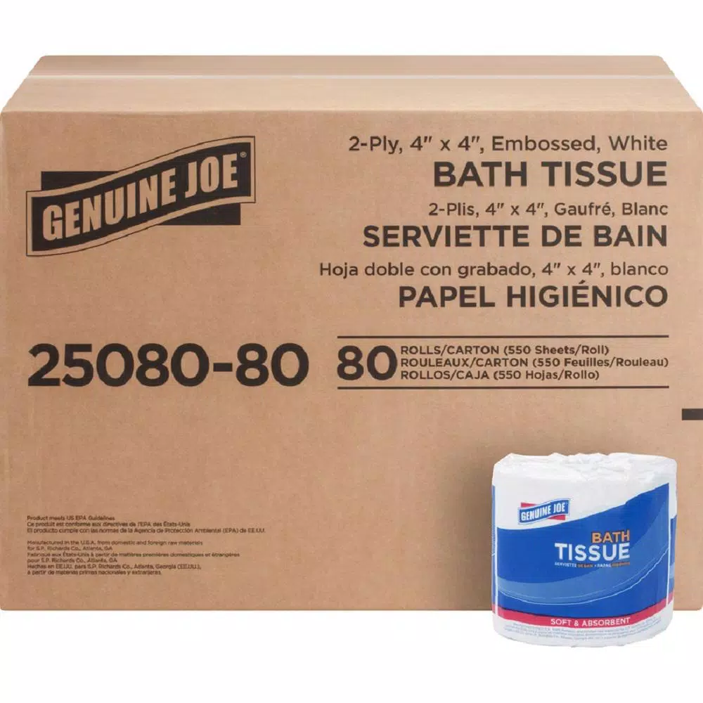 Genuine Joe Embossed 2-Ply Bath Tissue, 550 Sheets per Roll, 80 Roll Pack