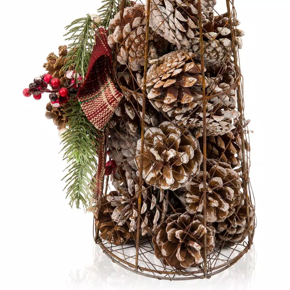 Alpine Corporation 20 in. Rustic Pinecone Christmas Tree Decor with Holly and Plaid Bow