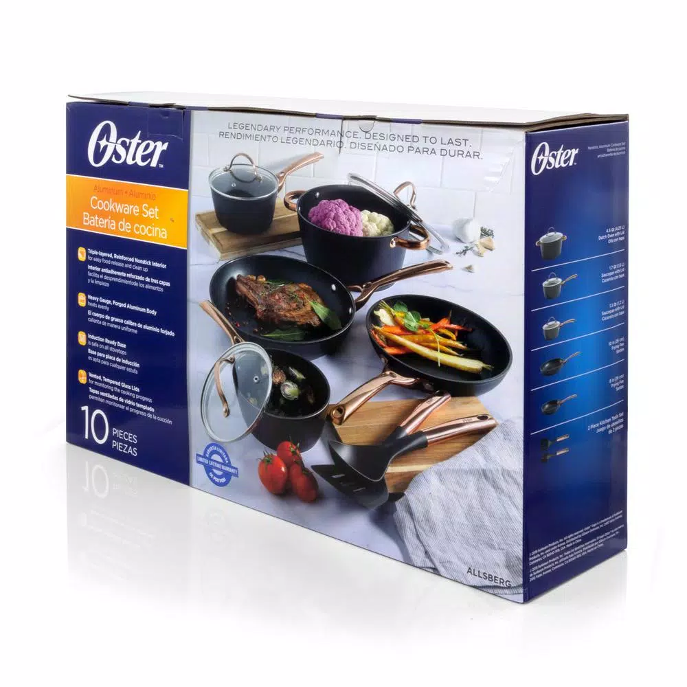 Oster Allsberg 10-Piece Aluminum Nonstick Cookware Set with Bronze Handles, Black and Bronze