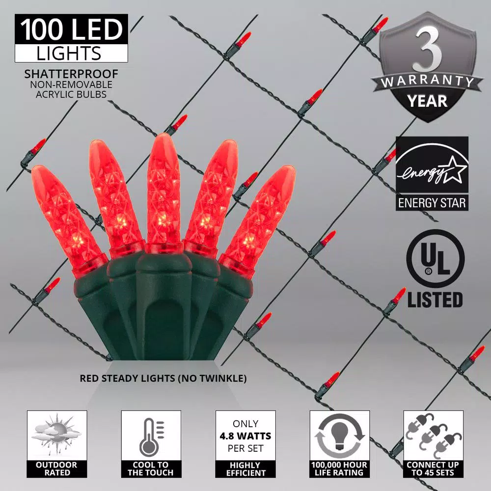 Wintergreen Lighting 48 in. x 72 in. 100-Light M5 Red LED Net Light Set