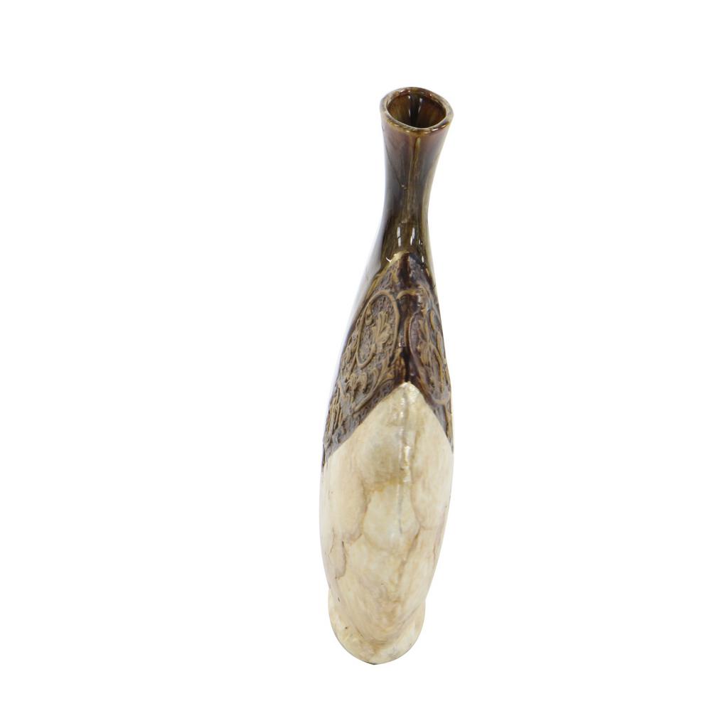 LITTON LANE 14 in. Mediterranean Ceramic and Capiz Shell Urn Vase - Brown and Gold