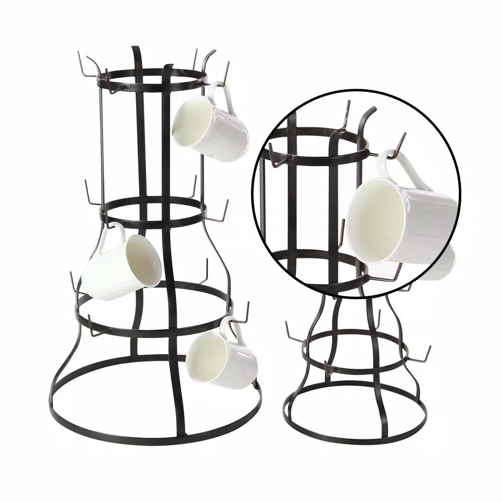 LITTON LANE Set of 2 Industrial Iron Mug Racks - Bell-Shaped Metal Stand with Hooks