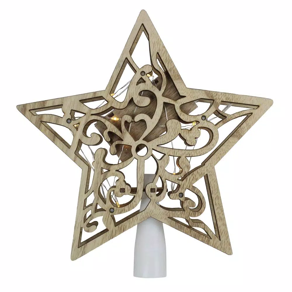 Northlight 10 in. Lighted Wooden Star Christmas Tree Topper with Clear Micro Lights