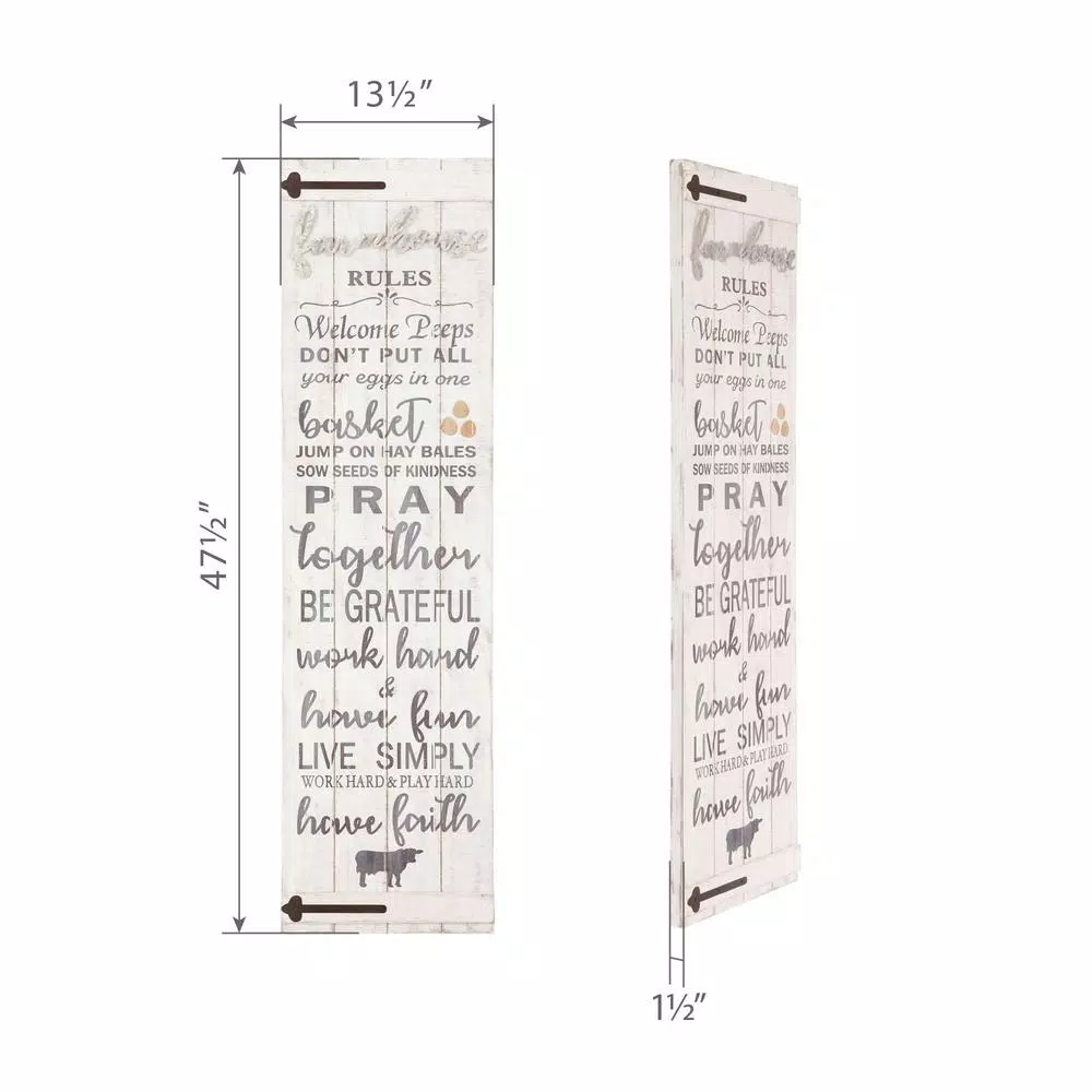 Pinnacle Patton Wall Decor Farmhouse Rules Rustic White Wood Plank Barn Door Sign, 47.5 x 13.5 in.