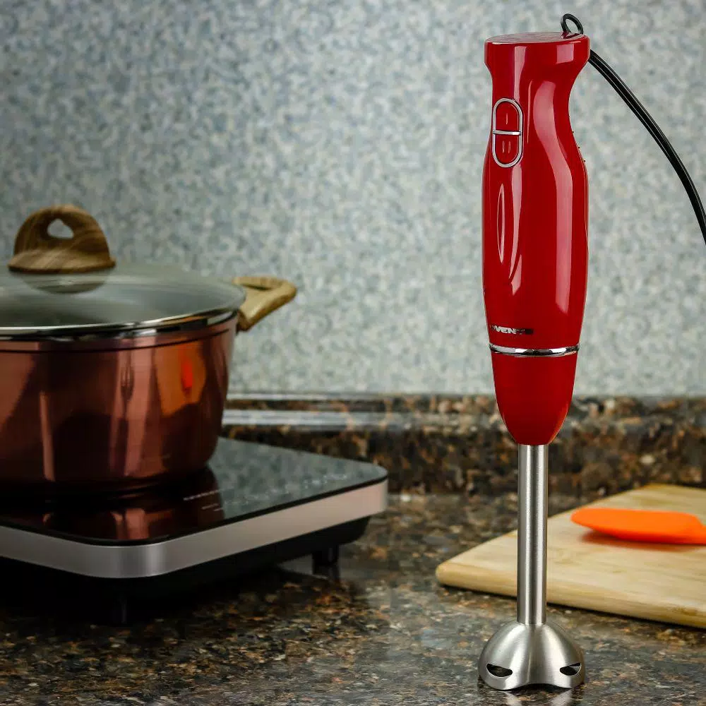 Ovente 300W Immersion Blender, 2-Speed Handheld Stick Mixer with Stainless Steel Blades, Red (HS560R)