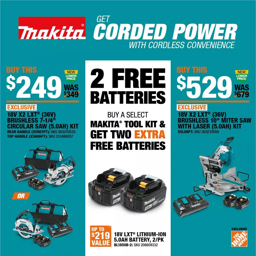 Makita 10 in. Dual-Bevel Sliding Compound Miter Saw X2 LXT Brushless Cordless with Laser and 5.0 Ah Batteries