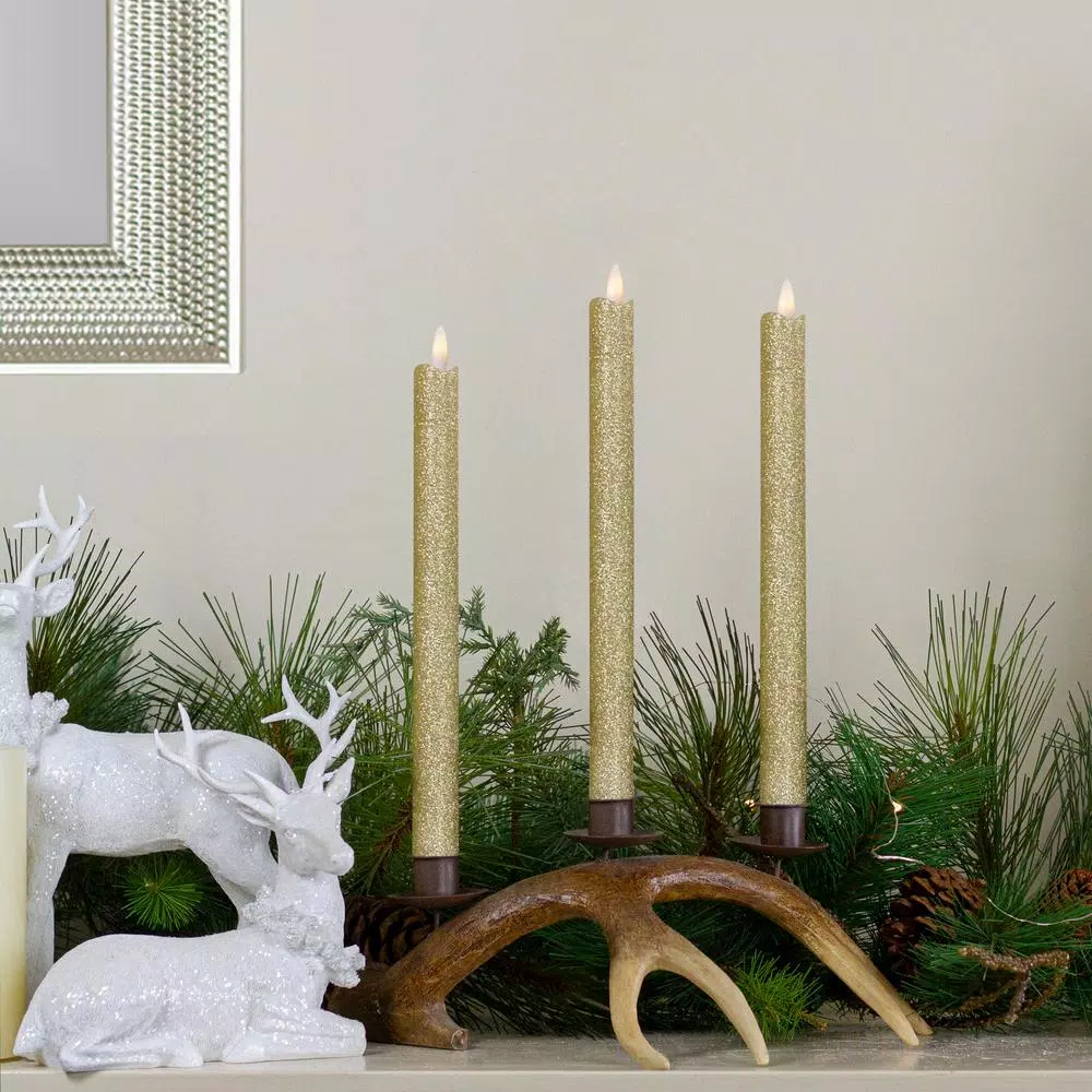 Northlight Gold Glittered Flameless Taper Christmas Candles, 12 in. Set of 2