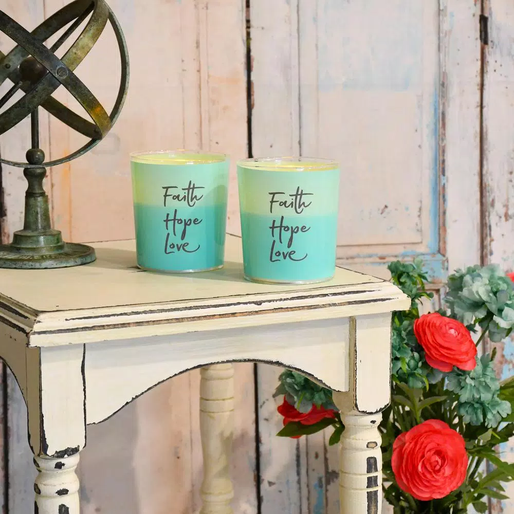 LUMABASE Faith Hope Love Teal Glass LED Battery Operated Candles - Set of 2