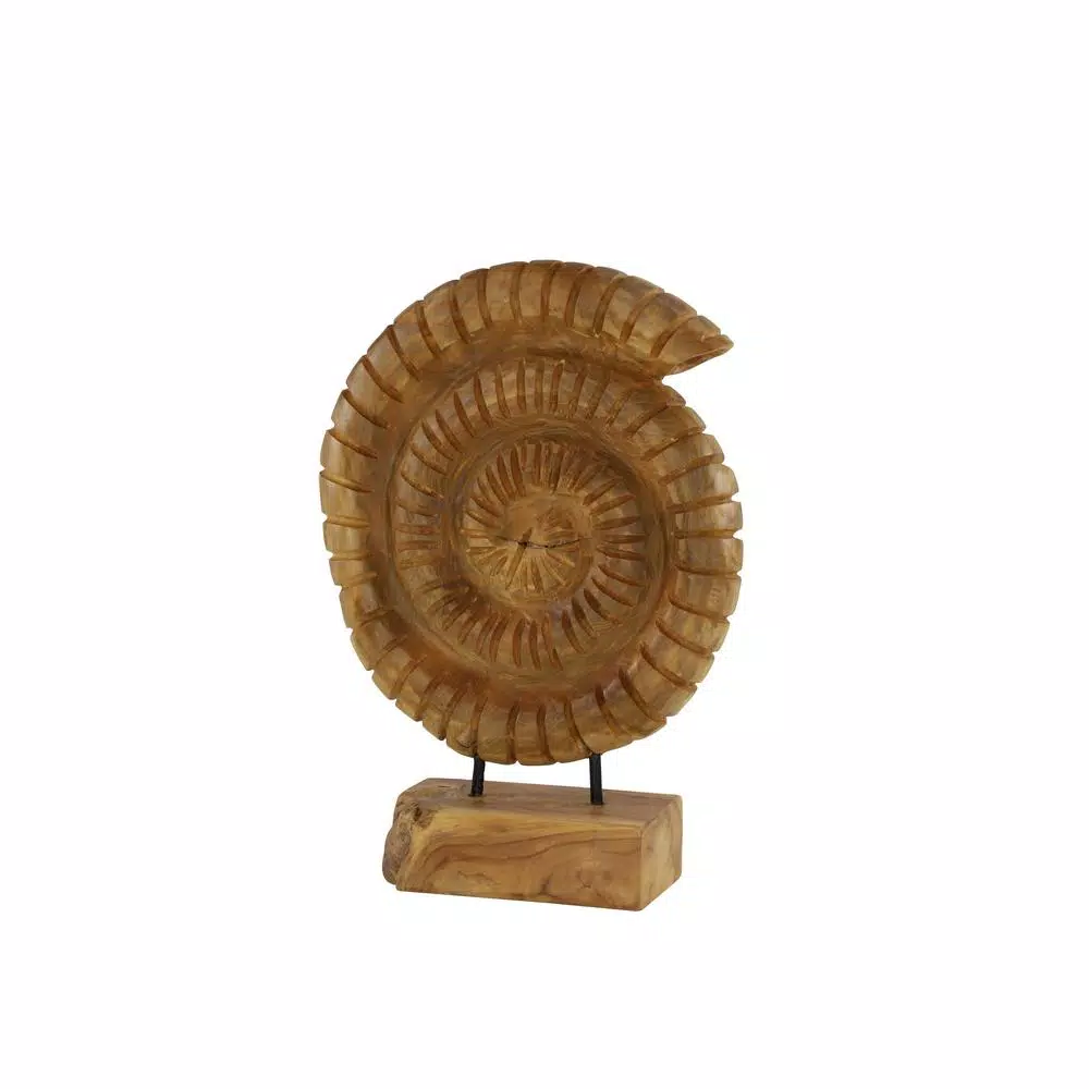 LITTON LANE Hand-Carved Reclaimed Teak Wood Nautilus Shell Sculpture on Iron Stand