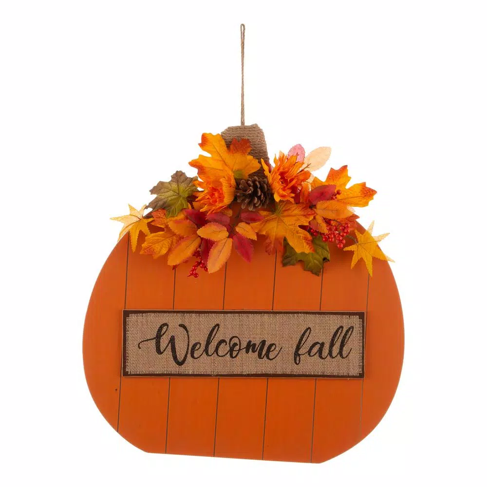 Glitzhome 20.28 in. Wooden Fall Pumpkin Decor with Floral Accents - Standing or Hanging